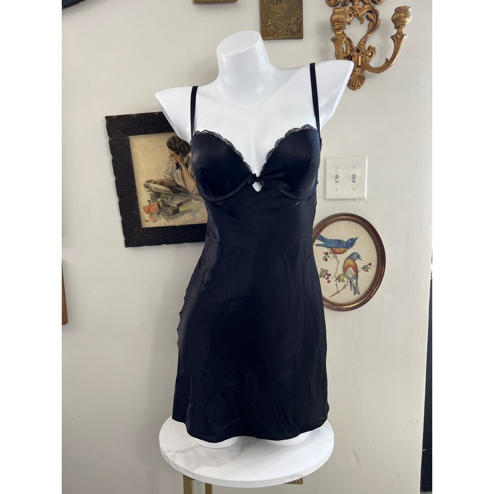 Victorias Secret Vintage Second Skin Black Satin Underwire Slip Dress 34C 65P